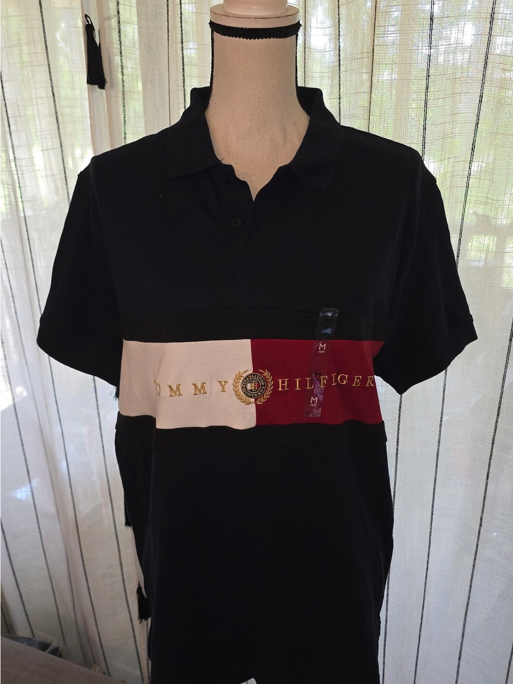 Tommy Hilfiger Black Polo with Red and Cream Chest Stripe
